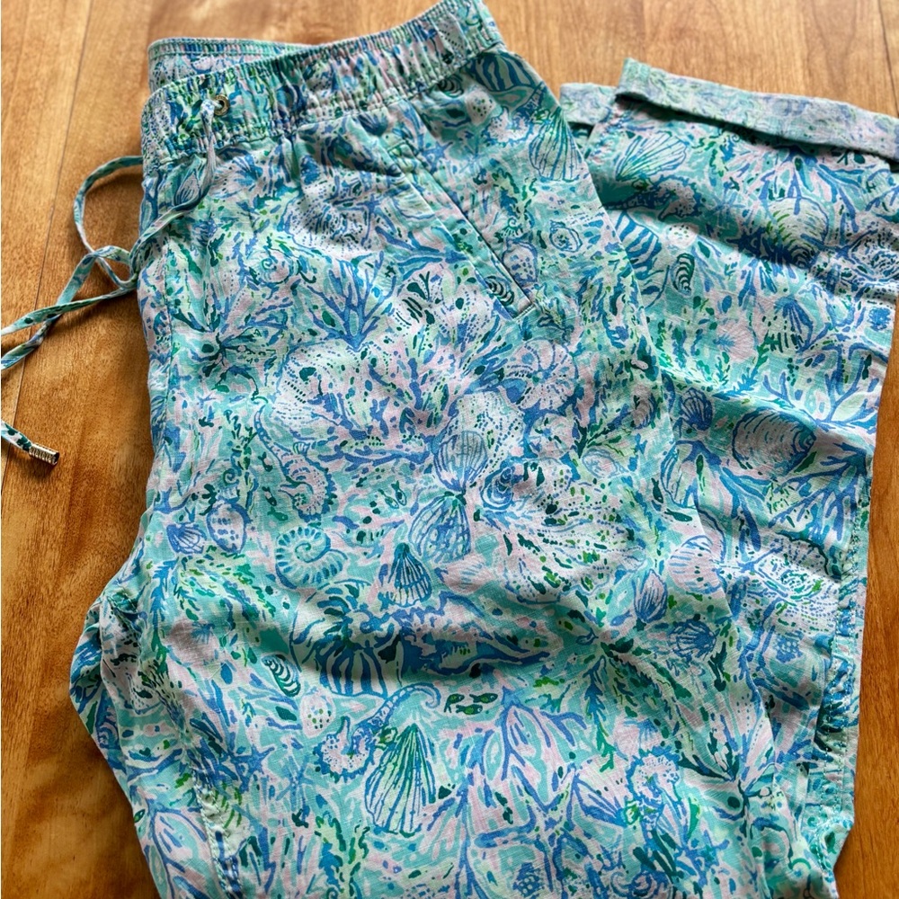 Lilly Pulitzer Ladies drawstring linen Sea Life Print Pants, Large